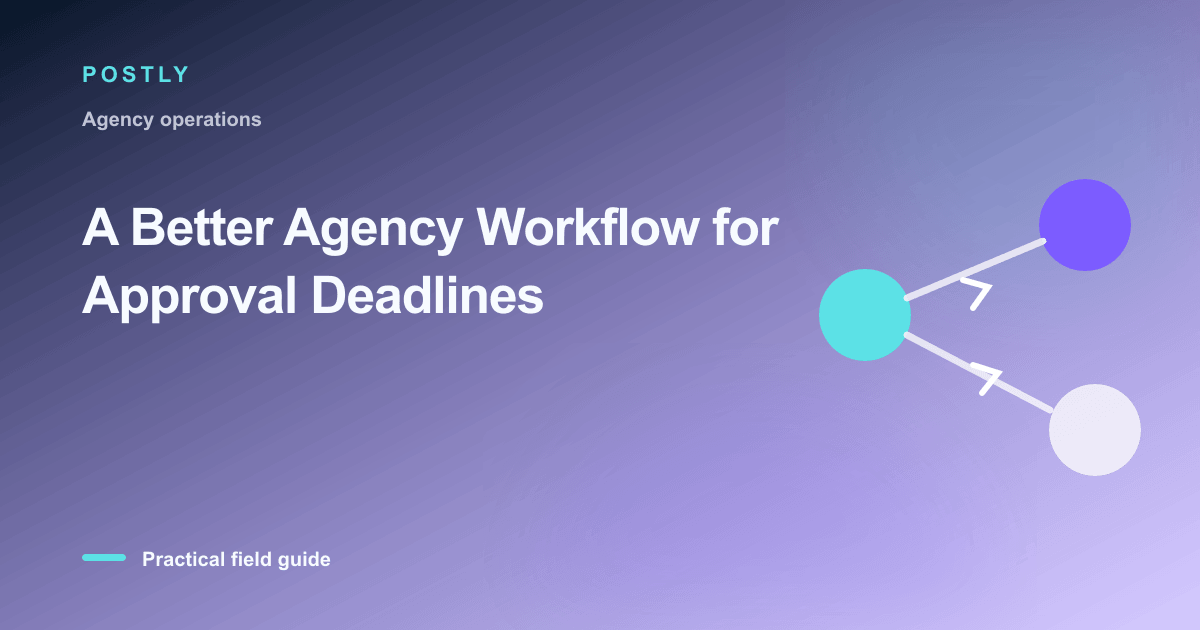 Branded illustration for “A Better Agency Workflow for Approval Deadlines” with connected publishing workflow nodes