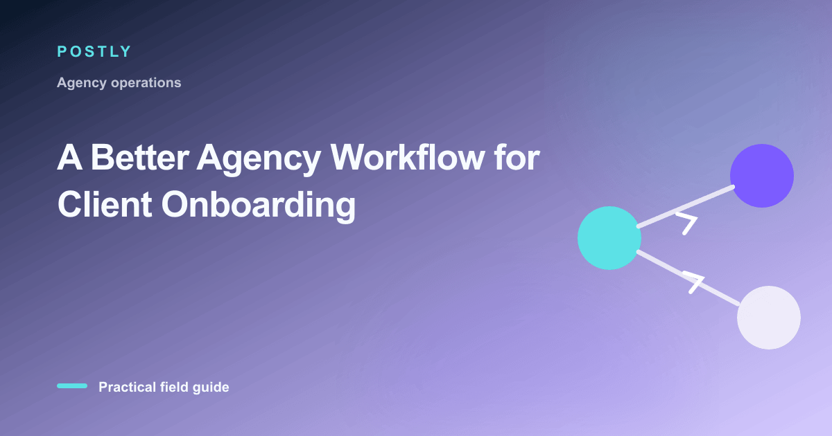 Branded illustration for “A Better Agency Workflow for Client Onboarding” with connected publishing workflow nodes