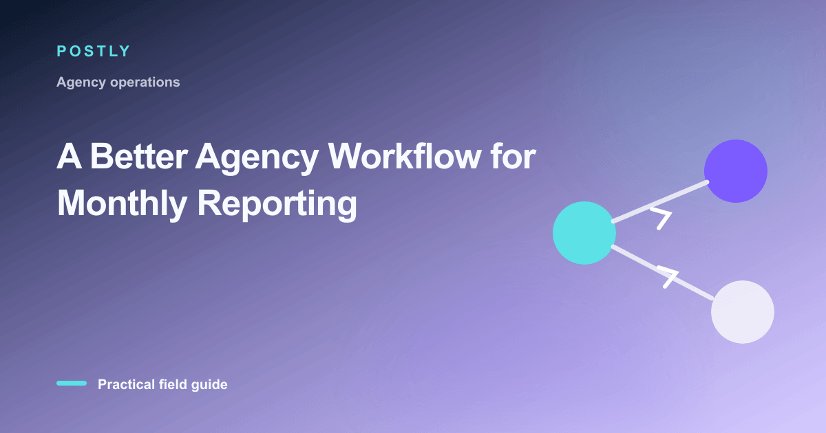 Branded illustration for “A Better Agency Workflow for Monthly Reporting” with connected publishing workflow nodes