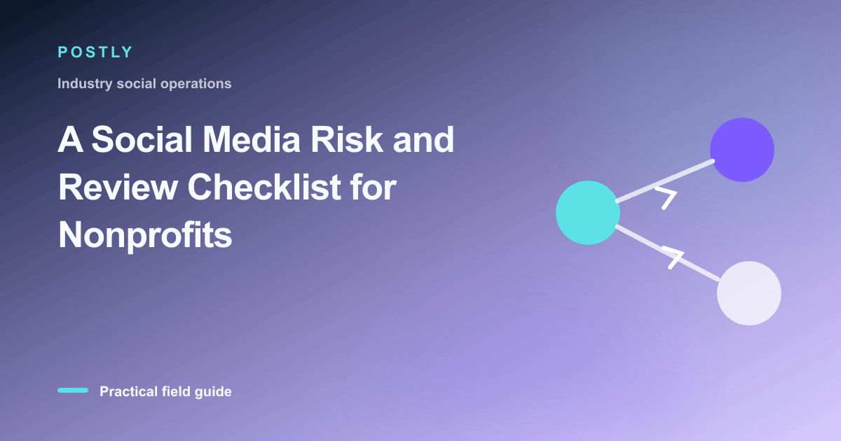 Branded illustration for “A Social Media Risk and Review Checklist for Nonprofits” with connected publishing workflow nodes