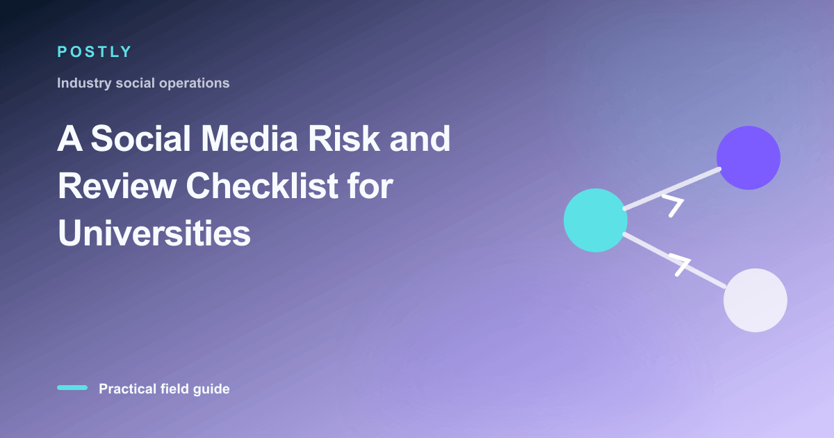 Branded illustration for “A Social Media Risk and Review Checklist for Universities” with connected publishing workflow nodes