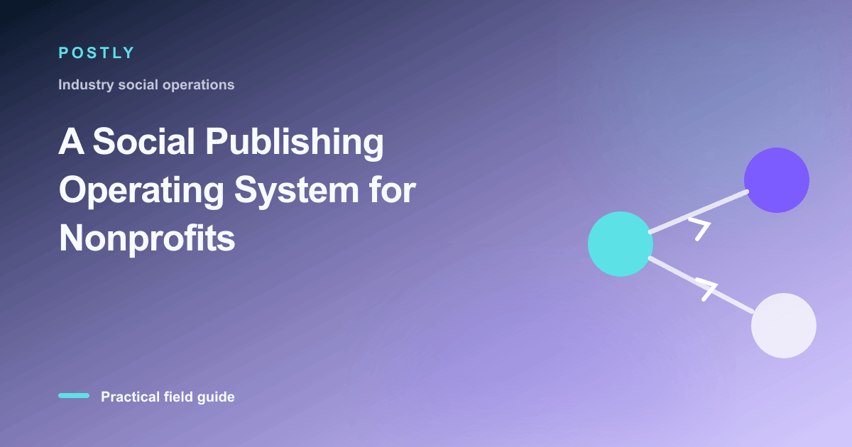 Branded illustration for “A Social Publishing Operating System for Nonprofits” with connected publishing workflow nodes