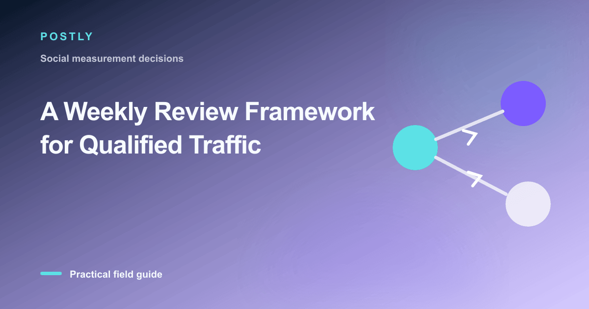 Branded illustration for “A Weekly Review Framework for Qualified Traffic” with connected publishing workflow nodes