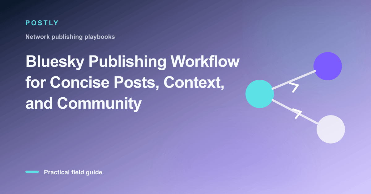 Branded illustration for “Bluesky Publishing Workflow for Concise Posts, Context, and Community” with connected publishing