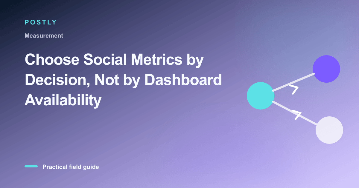 Branded illustration for “Choose Social Metrics by Decision, Not by Dashboard Availability” with connected publishing