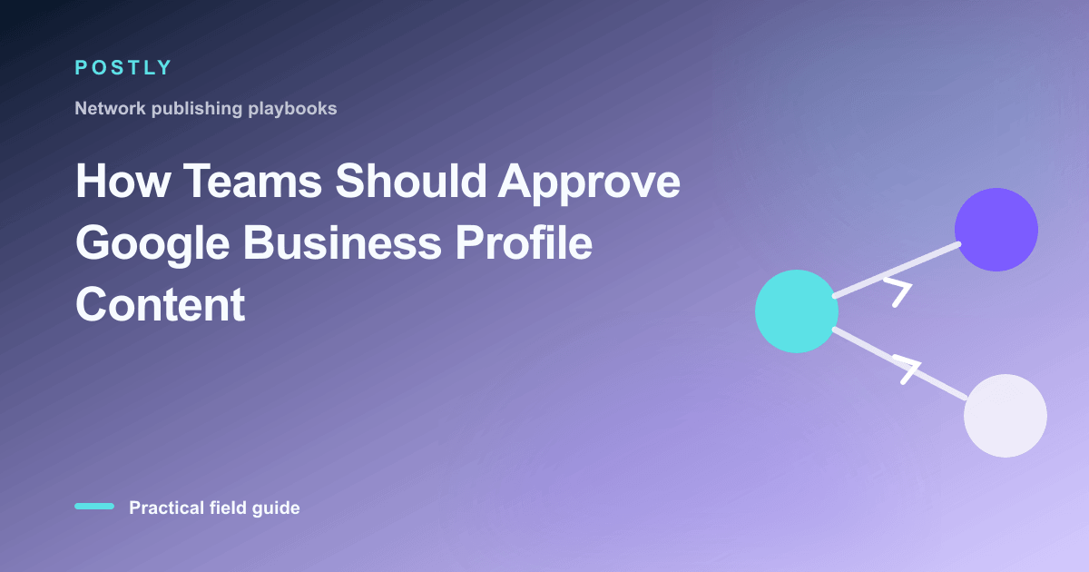 Branded illustration for “How Teams Should Approve Google Business Profile Content” with connected publishing workflow nodes