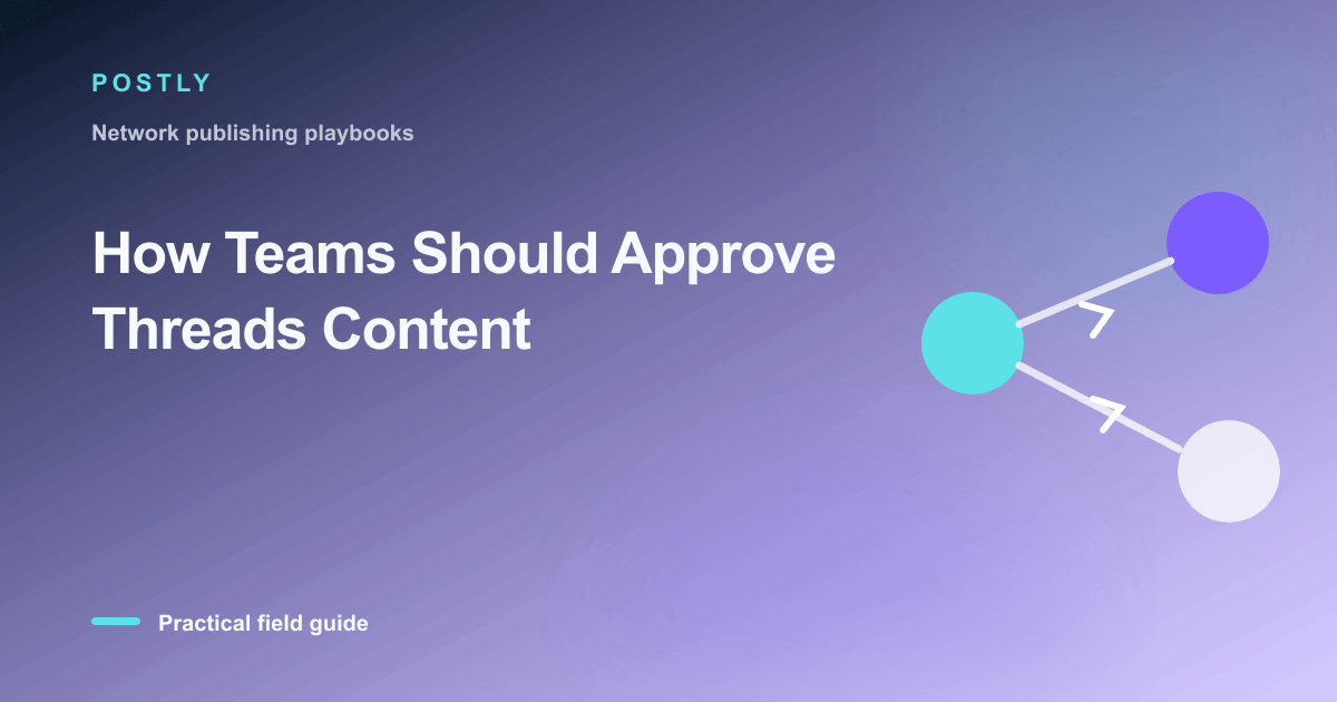 Branded illustration for “How Teams Should Approve Threads Content” with connected publishing workflow nodes