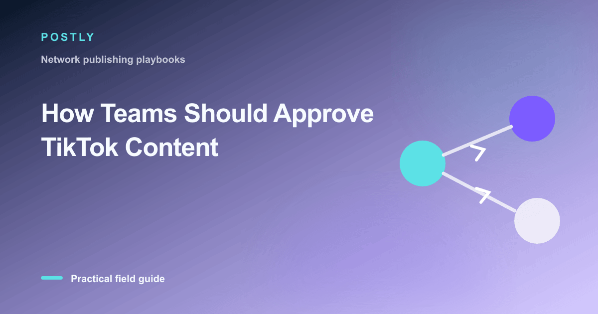 Branded illustration for “How Teams Should Approve TikTok Content” with connected publishing workflow nodes