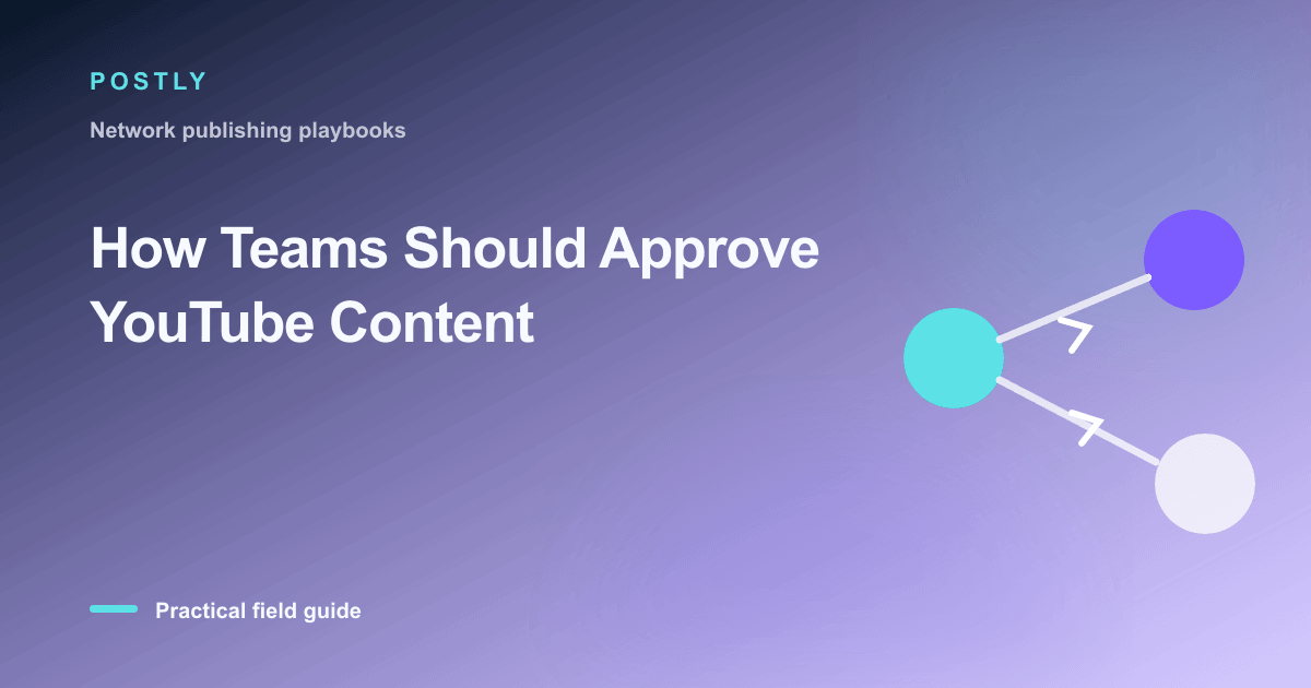 Branded illustration for “How Teams Should Approve YouTube Content” with connected publishing workflow nodes