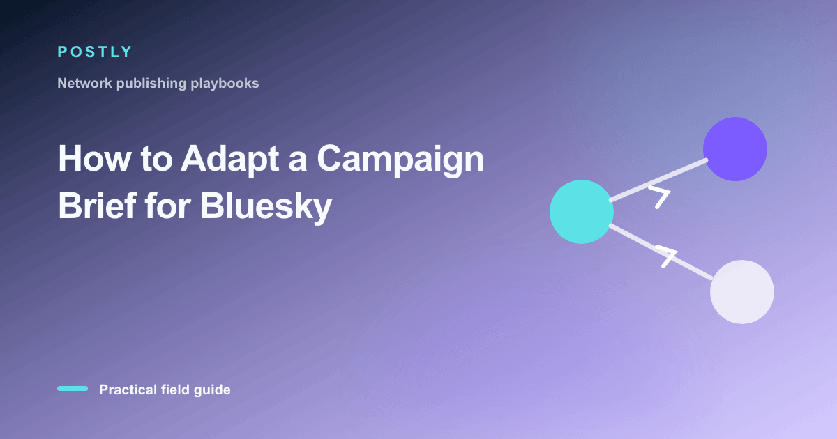 Branded illustration for “How to Adapt a Campaign Brief for Bluesky” with connected publishing workflow nodes
