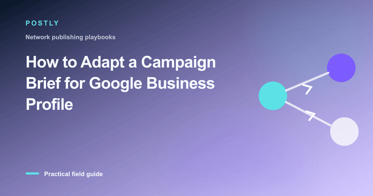 Branded illustration for “How to Adapt a Campaign Brief for Google Business Profile” with connected publishing workflow nodes