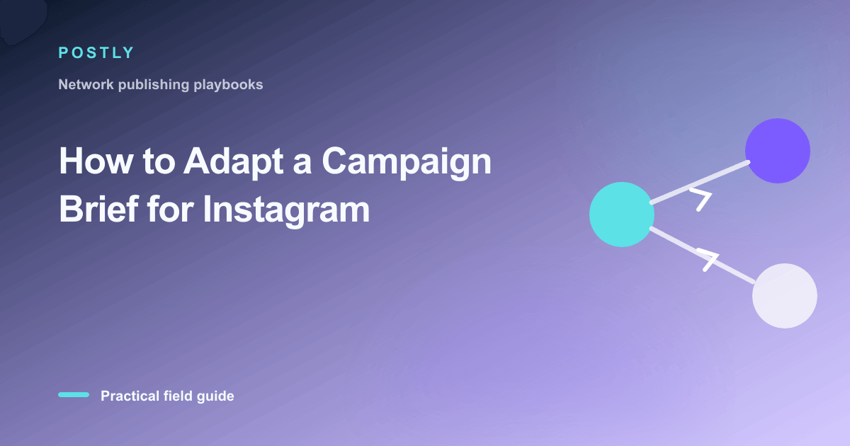 Branded illustration for “How to Adapt a Campaign Brief for Instagram” with connected publishing workflow nodes