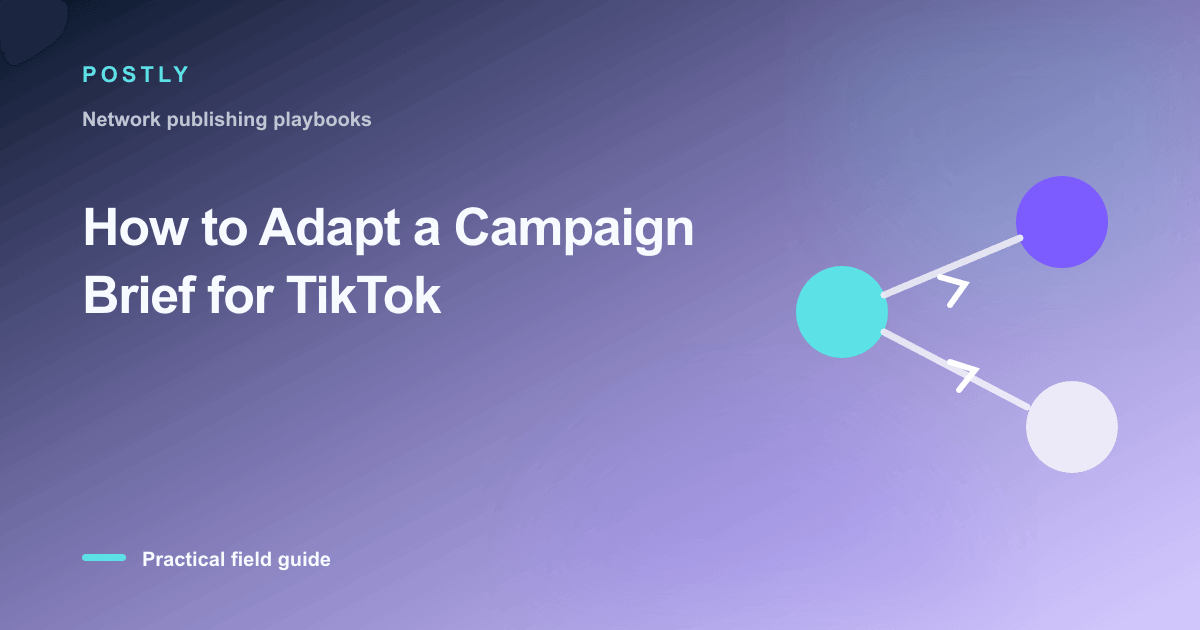 Branded illustration for “How to Adapt a Campaign Brief for TikTok” with connected publishing workflow nodes