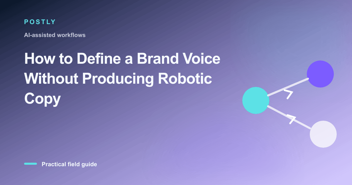 Branded illustration for “How to Define a Brand Voice Without Producing Robotic Copy” with connected publishing workflow