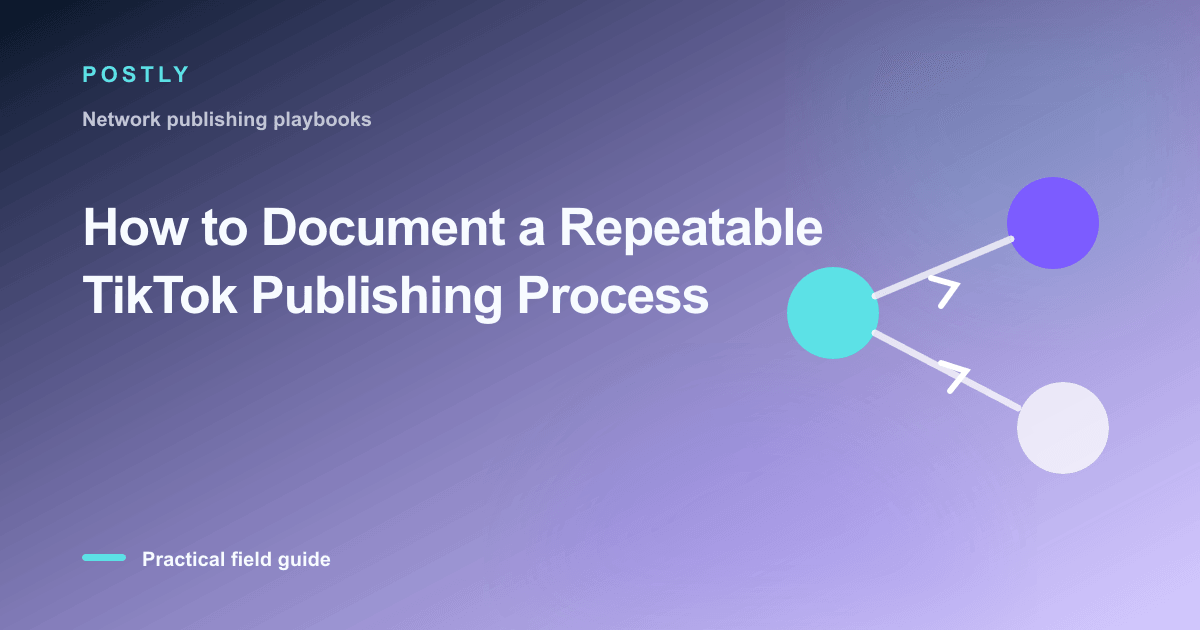 Branded illustration for “How to Document a Repeatable TikTok Publishing Process” with connected publishing workflow nodes