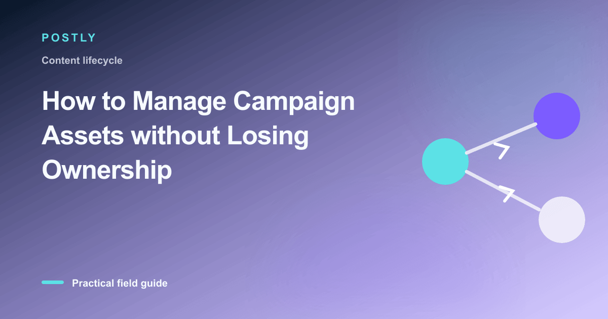 Branded illustration for “How to Manage Campaign Assets without Losing Ownership” with connected publishing workflow nodes