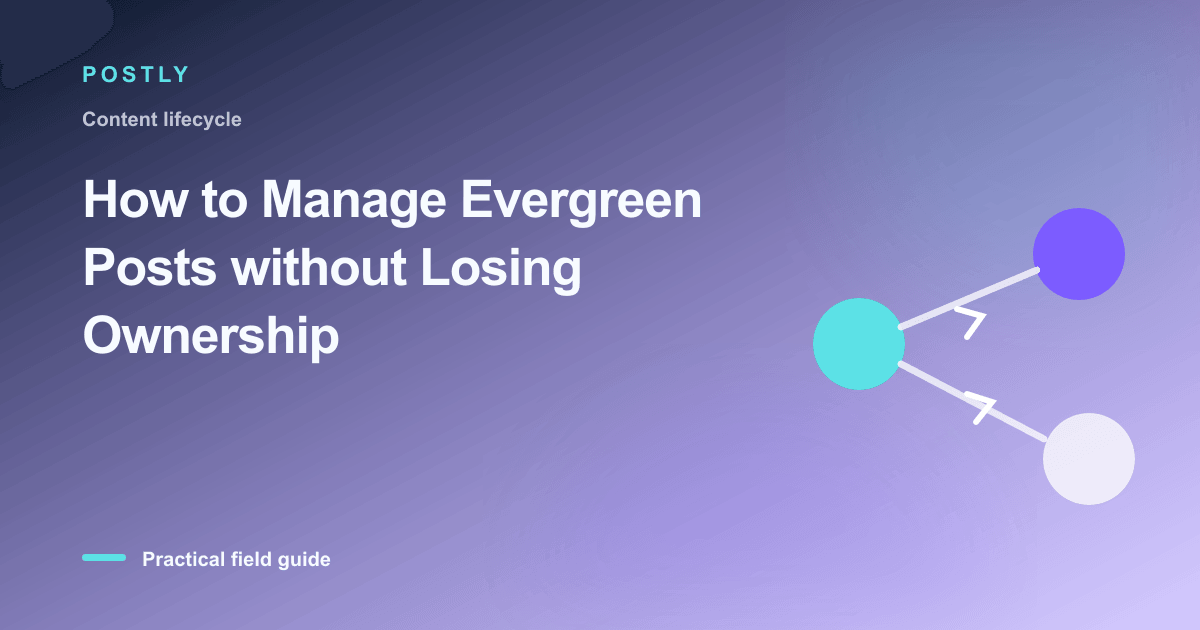 Branded illustration for “How to Manage Evergreen Posts without Losing Ownership” with connected publishing workflow nodes