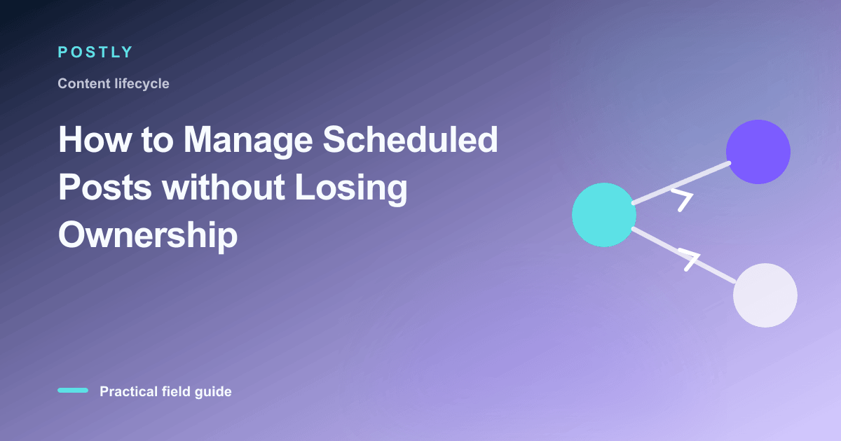 Branded illustration for “How to Manage Scheduled Posts without Losing Ownership” with connected publishing workflow nodes