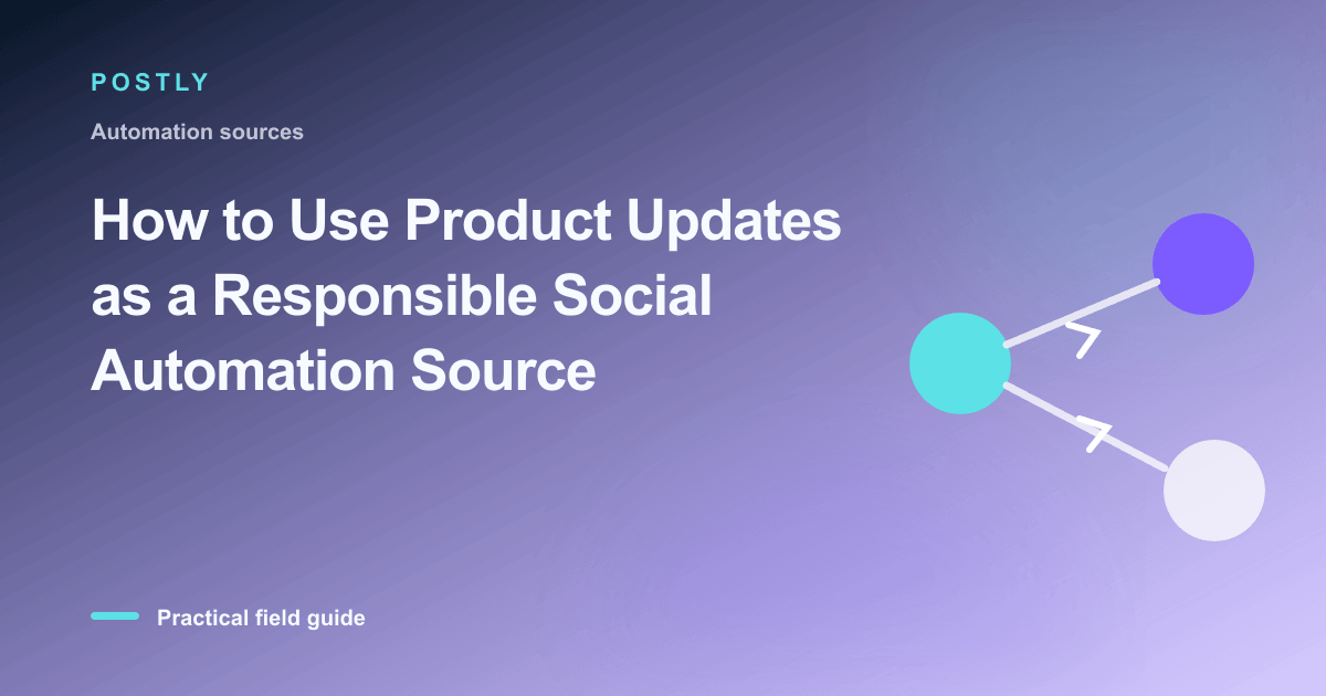 Branded illustration for “How to Use Product Updates as a Responsible Social Automation Source” with connected publishing