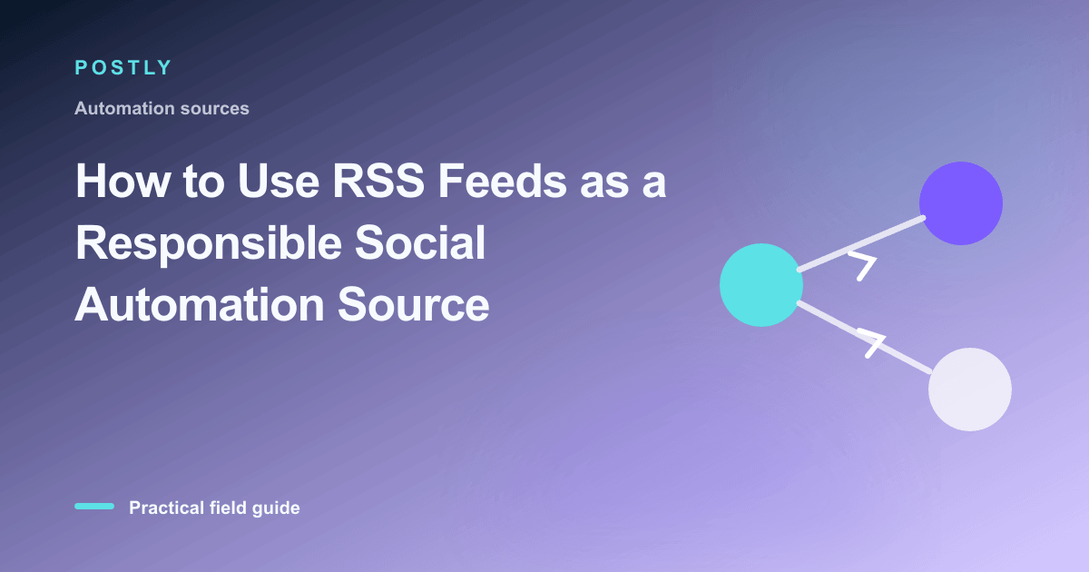 Branded illustration for “How to Use RSS Feeds as a Responsible Social Automation Source” with connected publishing workflow