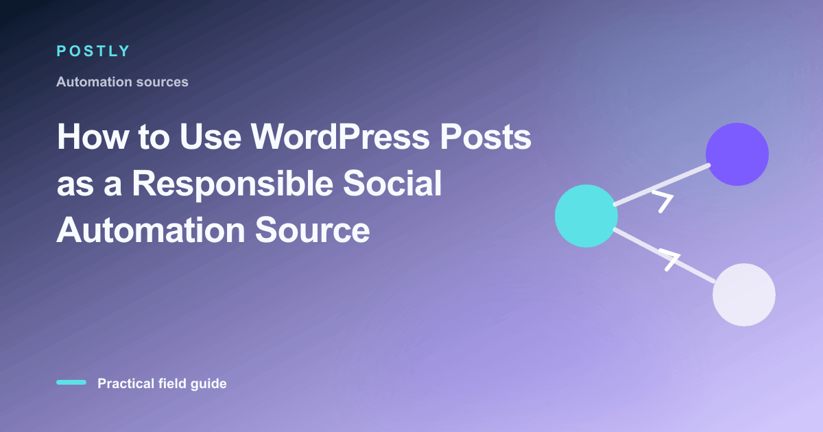 Branded illustration for “How to Use WordPress Posts as a Responsible Social Automation Source” with connected publishing
