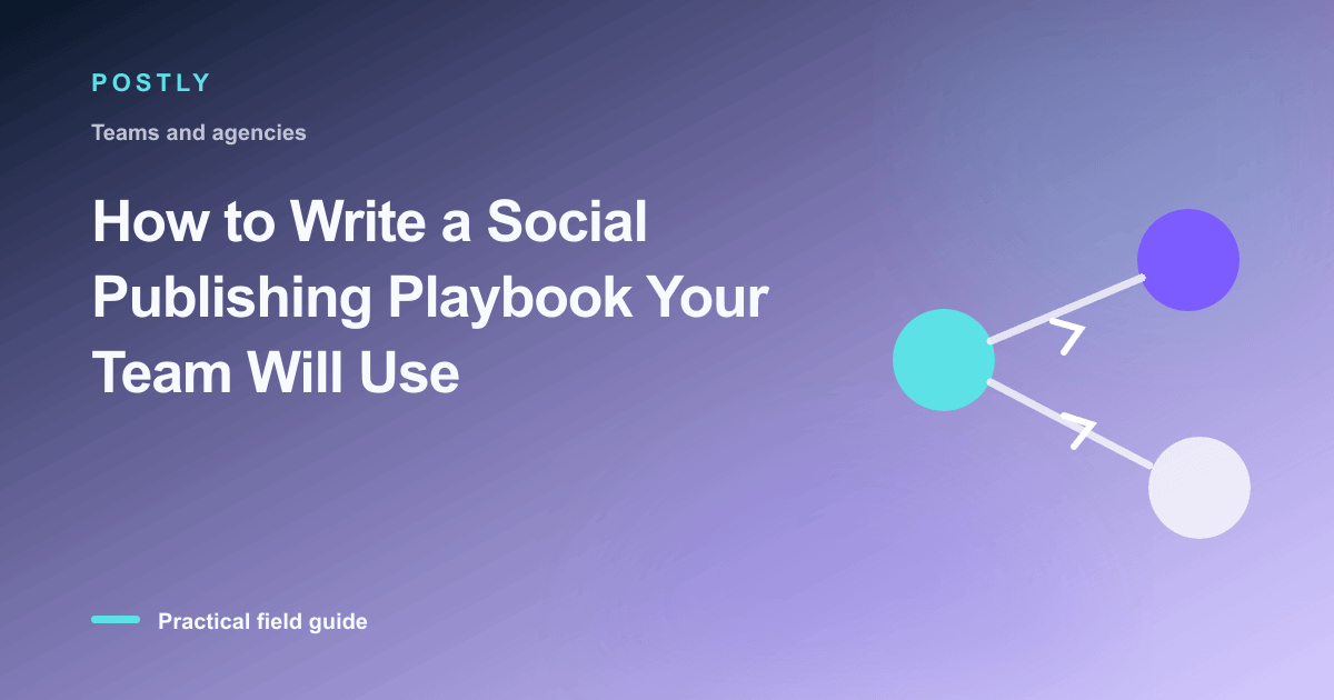 Branded illustration for “How to Write a Social Publishing Playbook Your Team Will Use” with connected publishing workflow