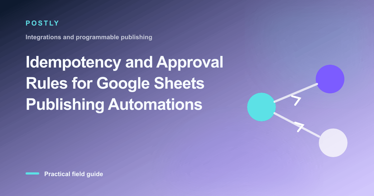 Branded illustration for “Idempotency and Approval Rules for Google Sheets Publishing Automations” with connected publishing