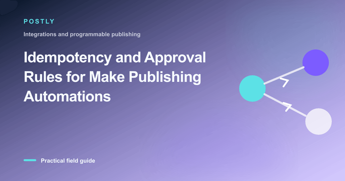 Branded illustration for “Idempotency and Approval Rules for Make Publishing Automations” with connected publishing workflow