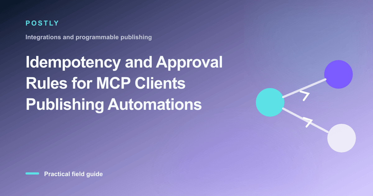 Branded illustration for “Idempotency and Approval Rules for MCP Clients Publishing Automations” with connected publishing