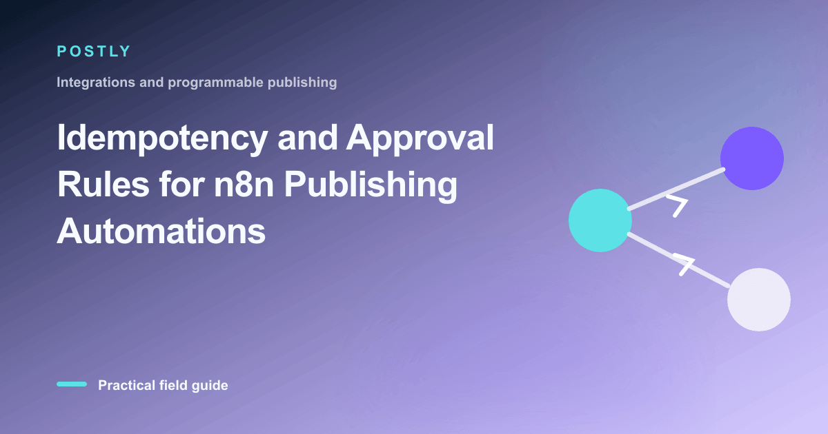 Branded illustration for “Idempotency and Approval Rules for n8n Publishing Automations” with connected publishing workflow