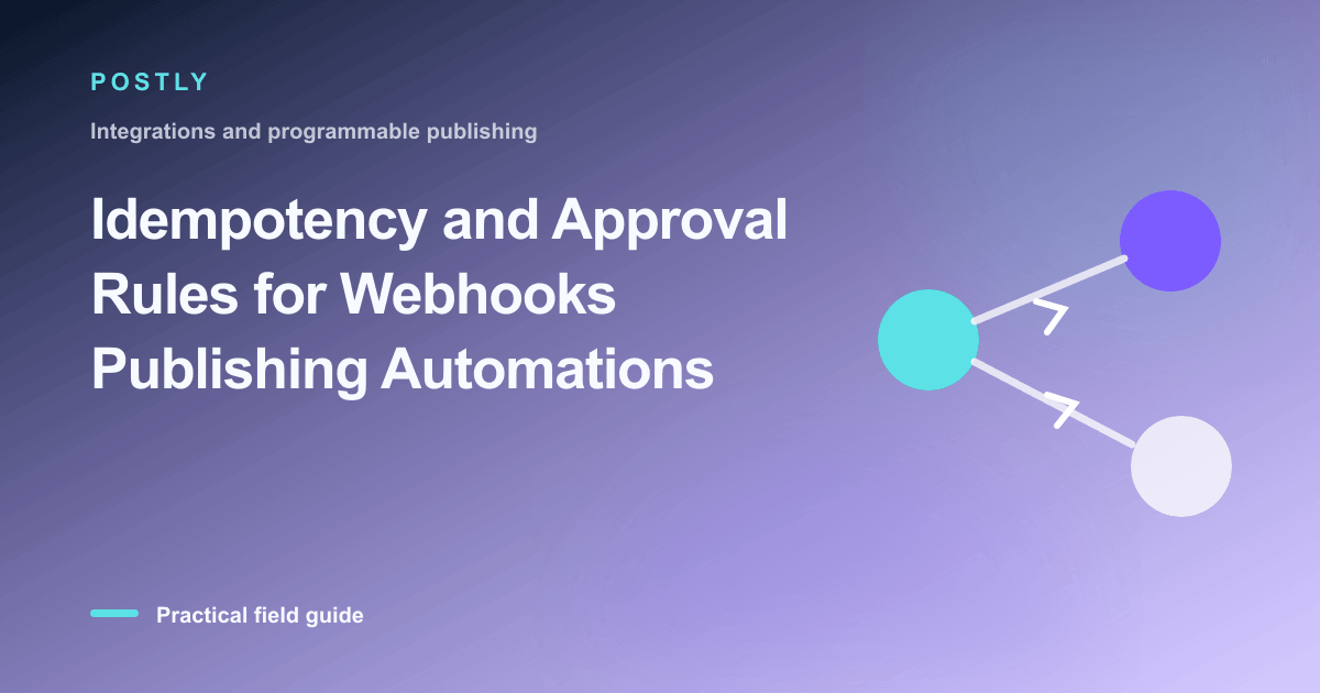 Branded illustration for “Idempotency and Approval Rules for Webhooks Publishing Automations” with connected publishing