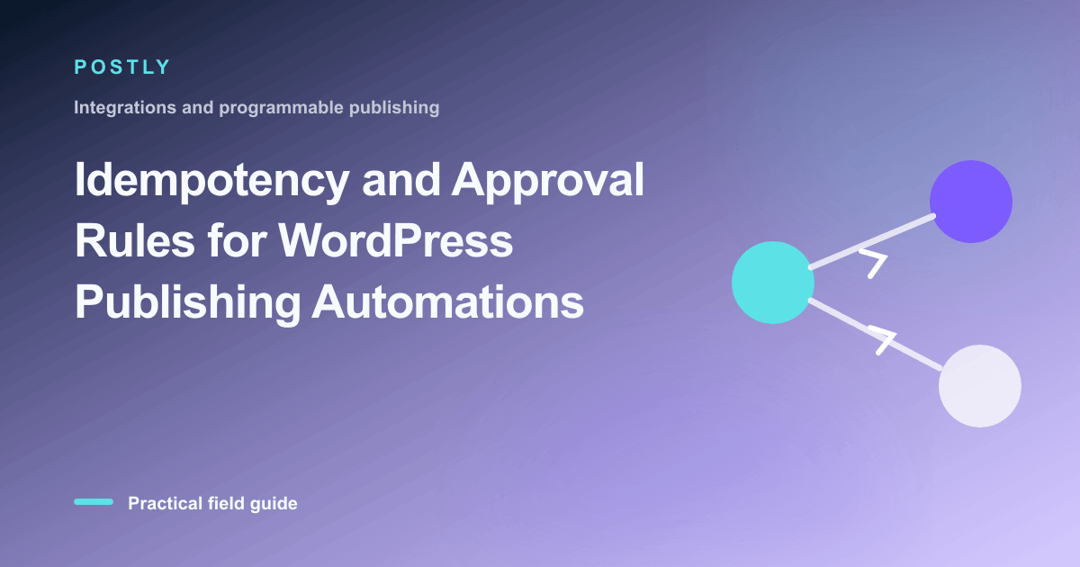 Branded illustration for “Idempotency and Approval Rules for WordPress Publishing Automations” with connected publishing