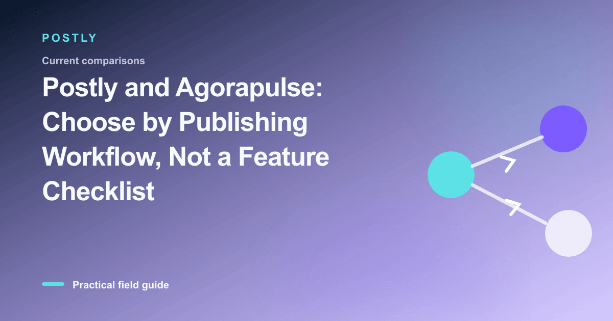 Branded illustration for “Postly and Agorapulse: Choose by Publishing Workflow, Not a Feature Checklist” with connected