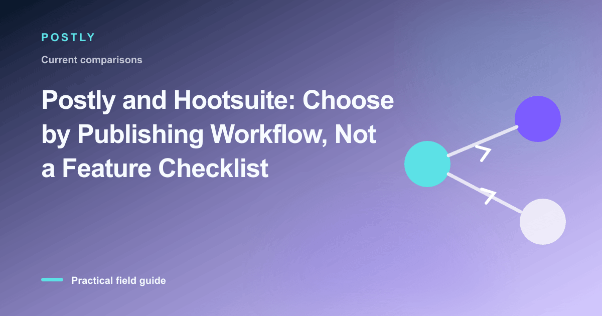 Branded illustration for “Postly and Hootsuite: Choose by Publishing Workflow, Not a Feature Checklist” with connected