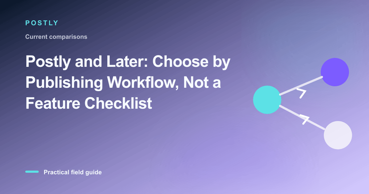 Branded illustration for “Postly and Later: Choose by Publishing Workflow, Not a Feature Checklist” with connected