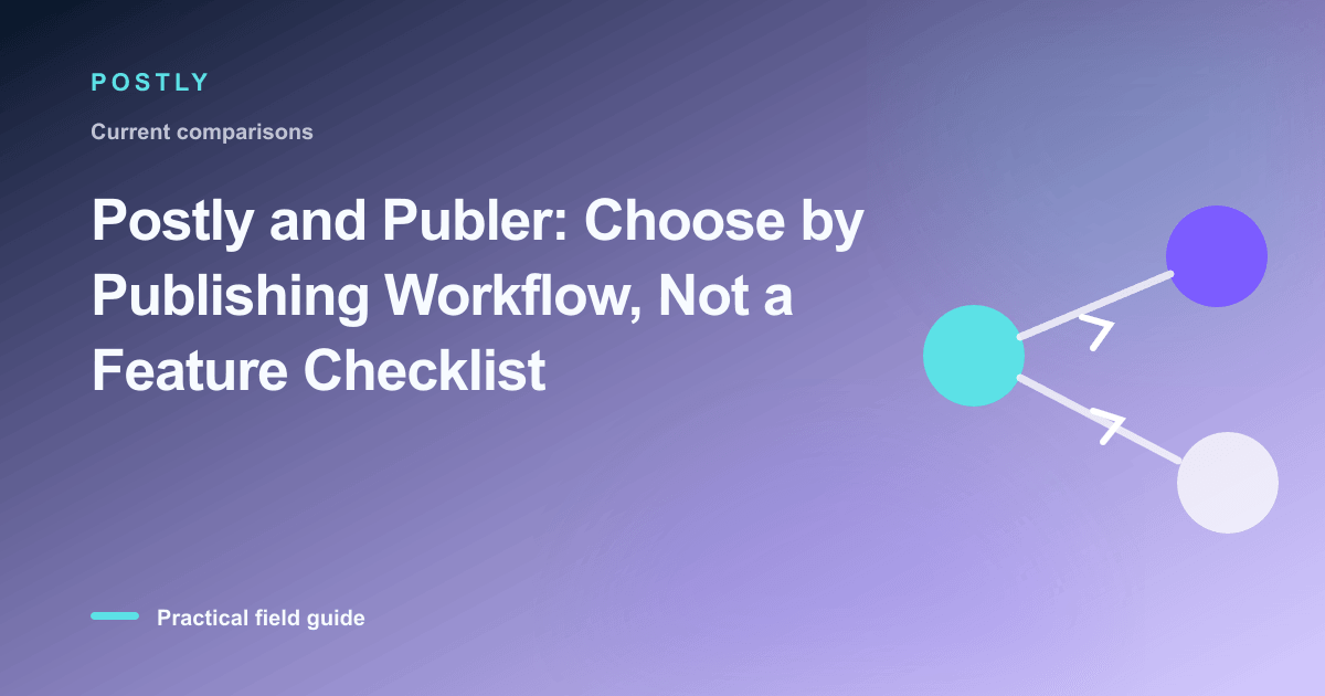 Branded illustration for “Postly and Publer: Choose by Publishing Workflow, Not a Feature Checklist” with connected