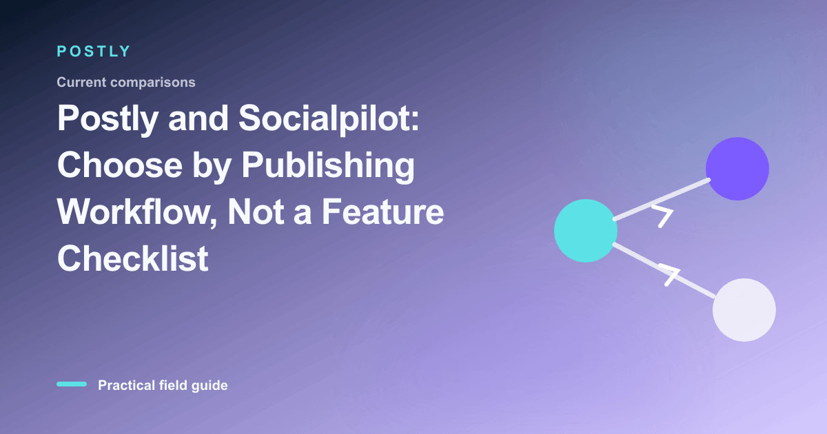 Branded illustration for “Postly and Socialpilot: Choose by Publishing Workflow, Not a Feature Checklist” with connected