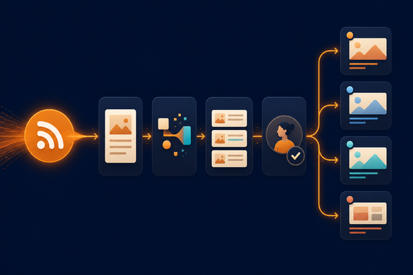 RSS content moving through transformation, review, and multiple social publishing destinations
