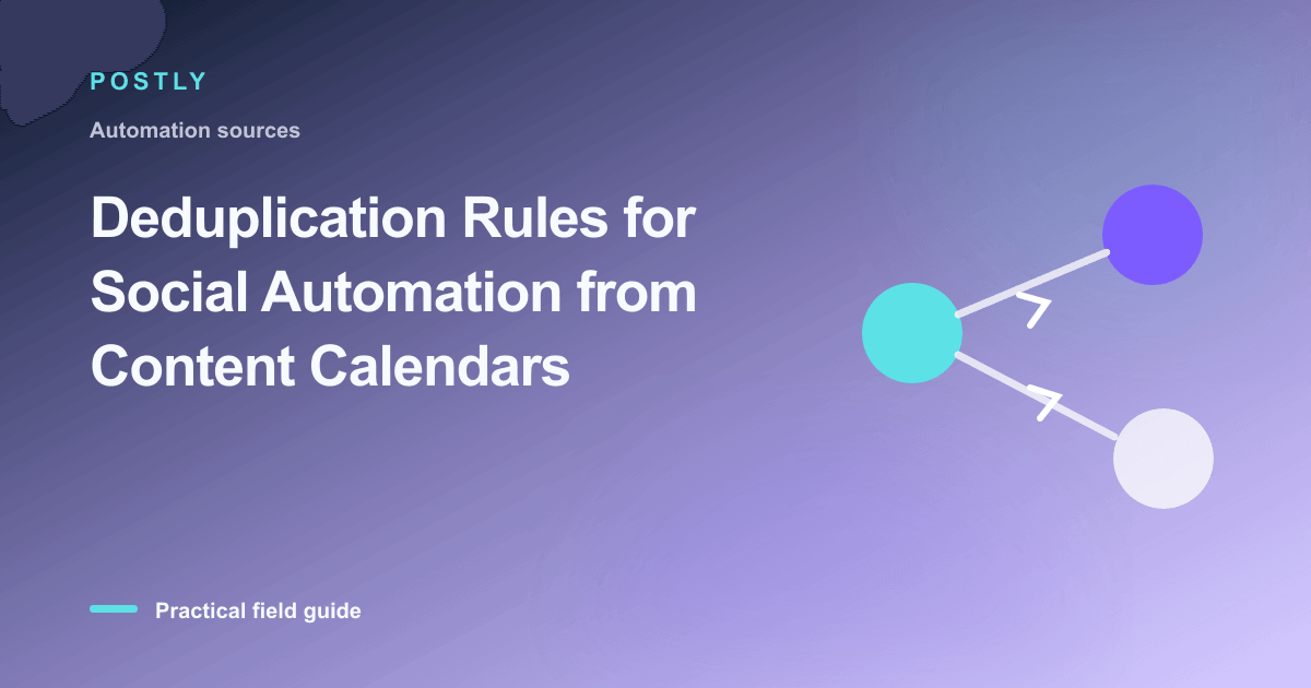 Branded illustration for “Deduplication Rules for Social Automation from Content Calendars” with connected publishing