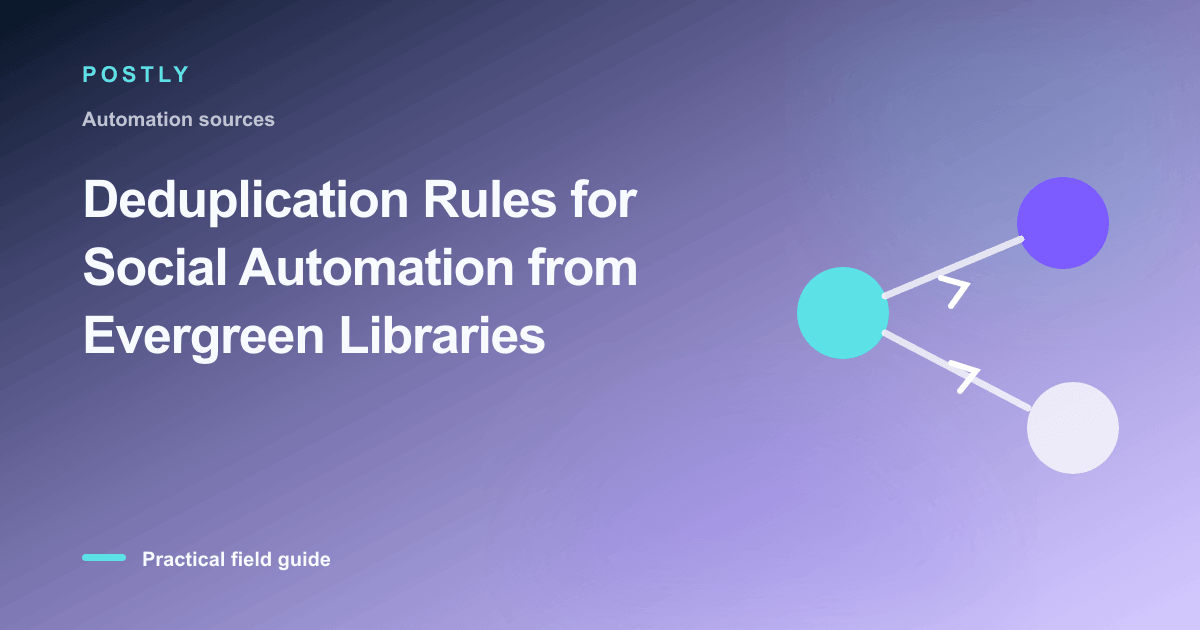 Branded illustration for “Deduplication Rules for Social Automation from Evergreen Libraries” with connected publishing