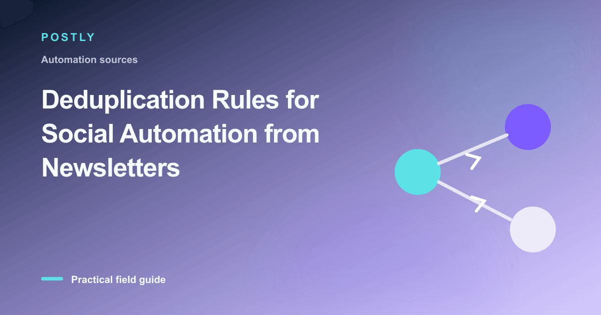 Branded illustration for “Deduplication Rules for Social Automation from Newsletters” with connected publishing workflow