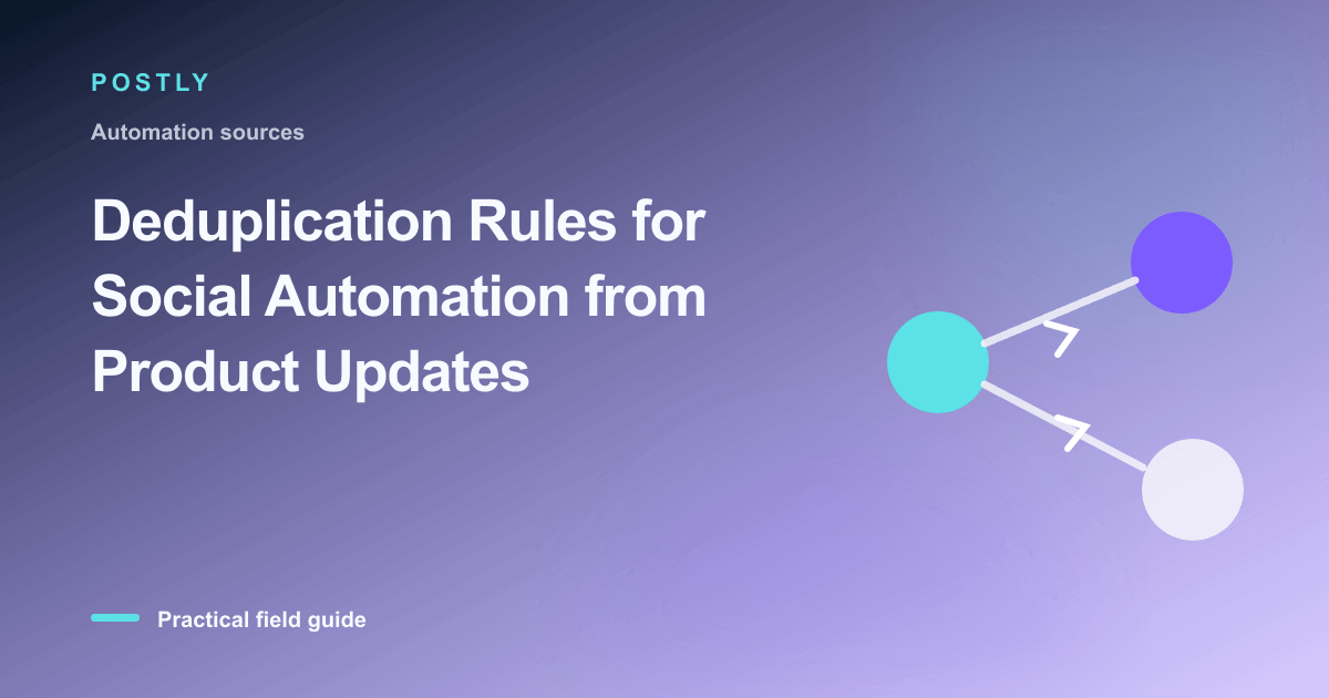 Branded illustration for “Deduplication Rules for Social Automation from Product Updates” with connected publishing workflow