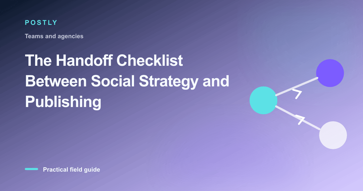 Branded illustration for “The Handoff Checklist Between Social Strategy and Publishing” with connected publishing workflow