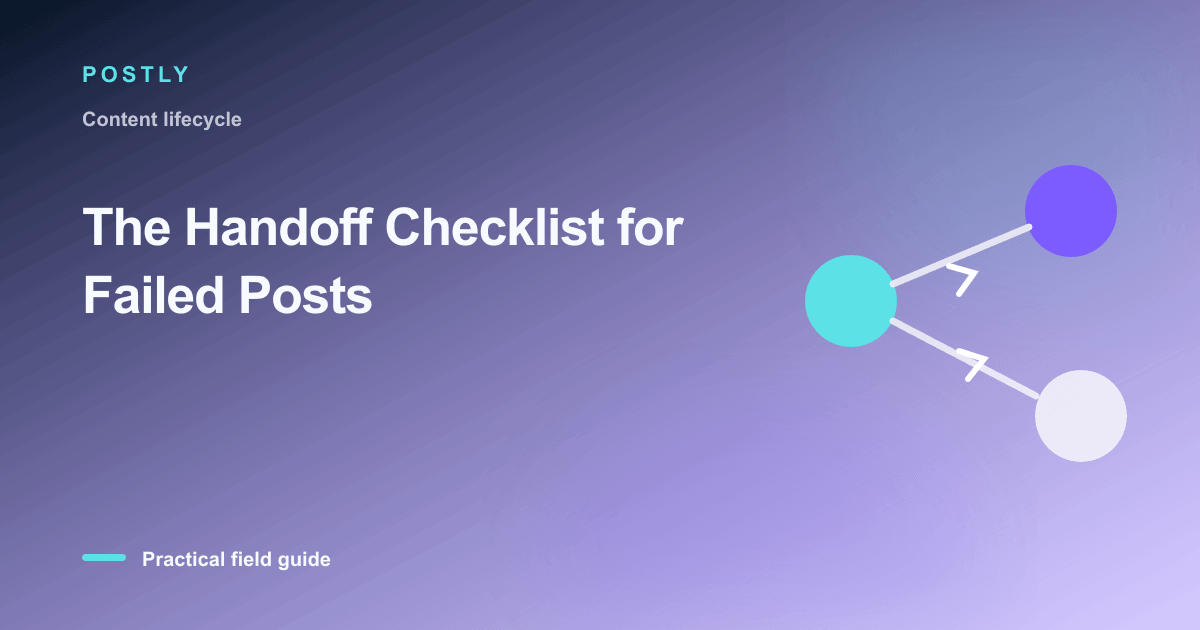 Branded illustration for “The Handoff Checklist for Failed Posts” with connected publishing workflow nodes