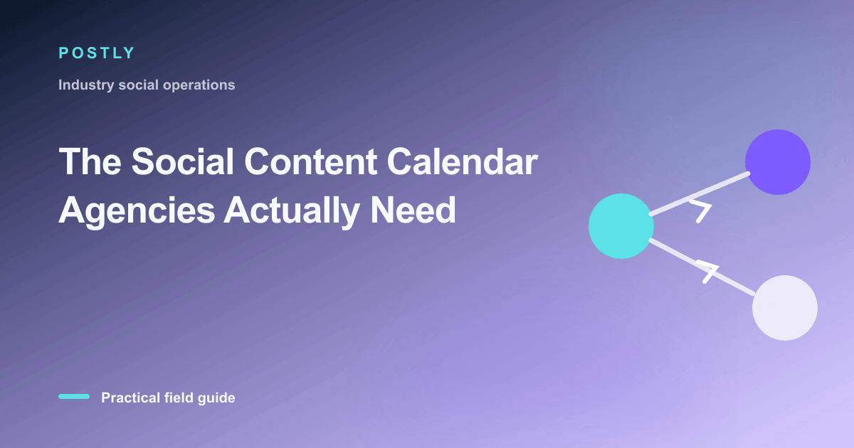Branded illustration for “The Social Content Calendar Agencies Actually Need” with connected publishing workflow nodes