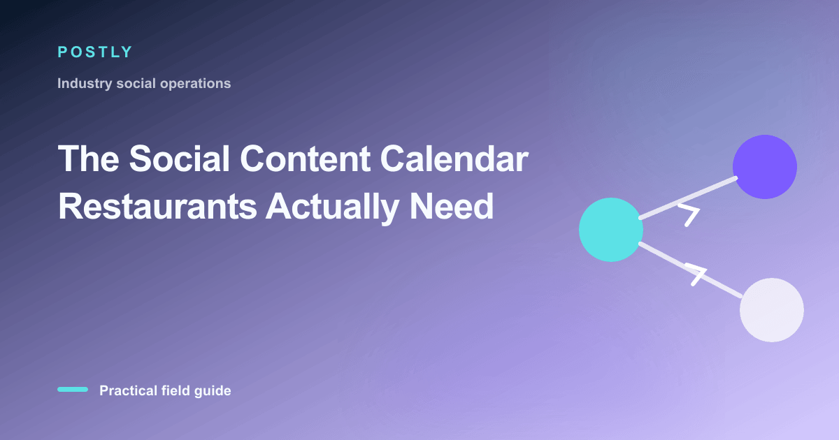 Branded illustration for “The Social Content Calendar Restaurants Actually Need” with connected publishing workflow nodes