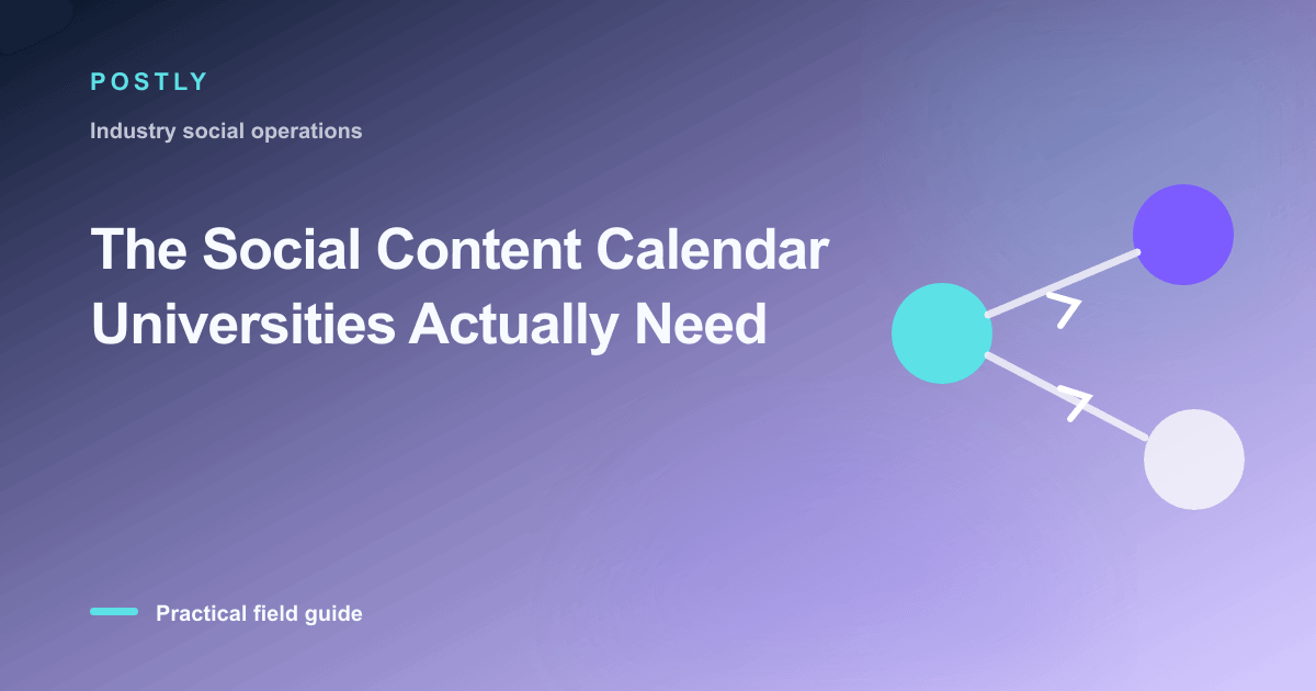 Branded illustration for “The Social Content Calendar Universities Actually Need” with connected publishing workflow nodes