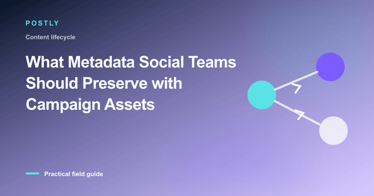Branded illustration for “What Metadata Social Teams Should Preserve with Campaign Assets” with connected publishing