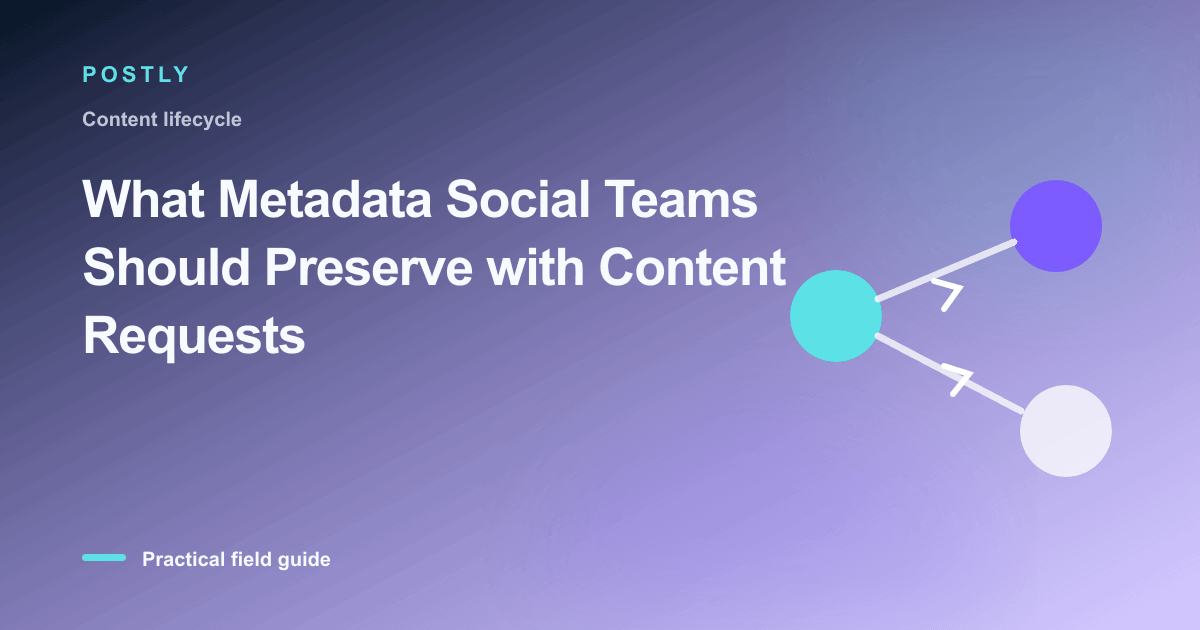 Branded illustration for “What Metadata Social Teams Should Preserve with Content Requests” with connected publishing