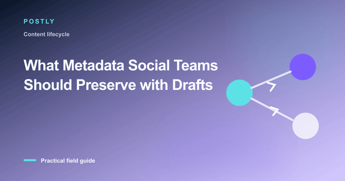 Branded illustration for “What Metadata Social Teams Should Preserve with Drafts” with connected publishing workflow nodes
